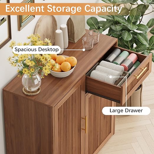 13 Gallons Pull Out Trash Can Cabinet with Storage, Fluted Pet Proof Trash | Kitchen Trash Cabinet with Adjustable Shelf & Drawer, Hidden Garbage Can Cabinet for for Laundry, Living Room