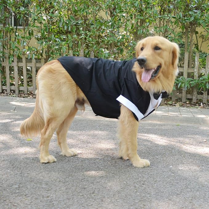 Lovelonglong Pet Costume Dog Suit Formal Tuxedo with Black Bow Tie for Large Dogs Alaska Golden Retriever Black L-XL+