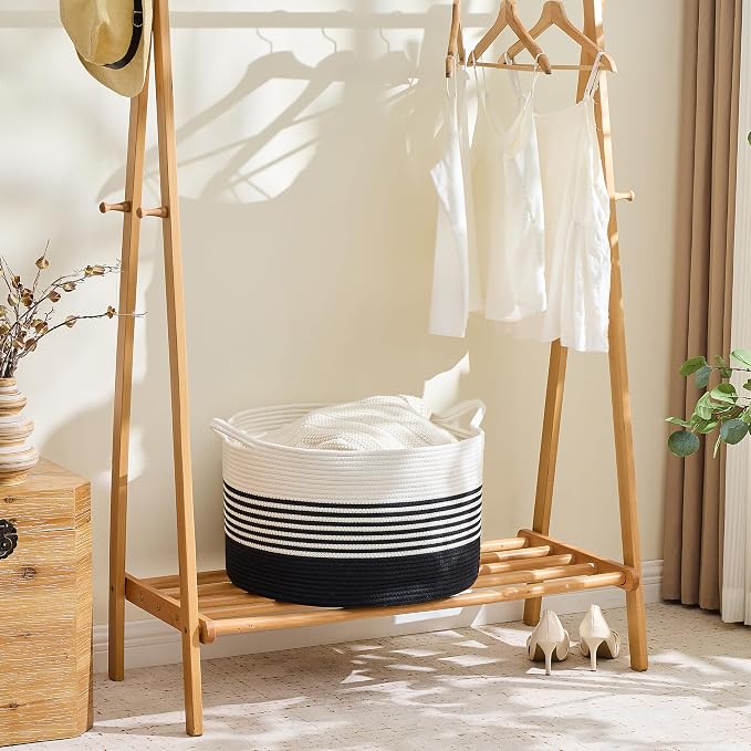 KAKAMAY Large Blanket Basket with Handles, Storage Basket for Living Room | Extra Large Capacity | Natural Cotton Rope | Blanket Storage | Woven Storage Basket | Stuffed Animal Storage | Laundry Basket