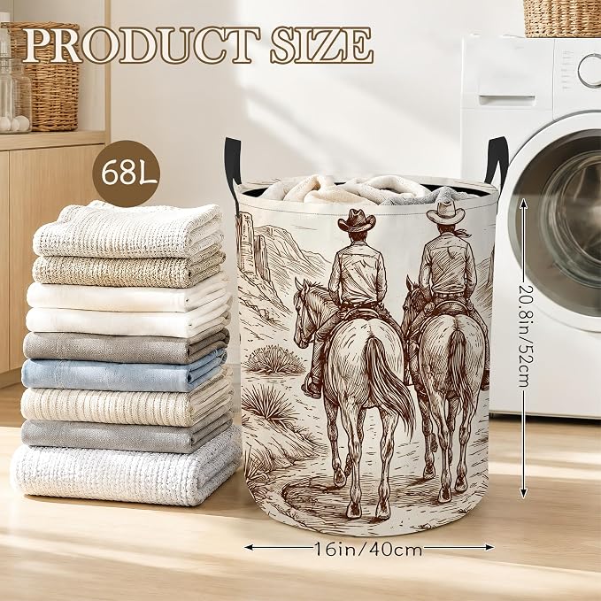 Western Cowboy Laundry Basket, Foldable Oxford Cloth Desert Horse Laundry Hamper with Handles, Tote Bag Clothes Storage Bucket for Laundry Room/Bathroom/Bedroom/Dormitories 20.8"x16"