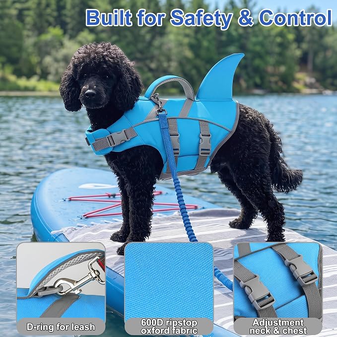 Dogcheer Dog Life Jacket Shark, Dog Life Vest with Rescue Handle - Blue,S | Adjustable Dog Harness Swim Vest for Swimming Boating, Reflective Pet Floating Device PFD for Small Medium Large Dogs