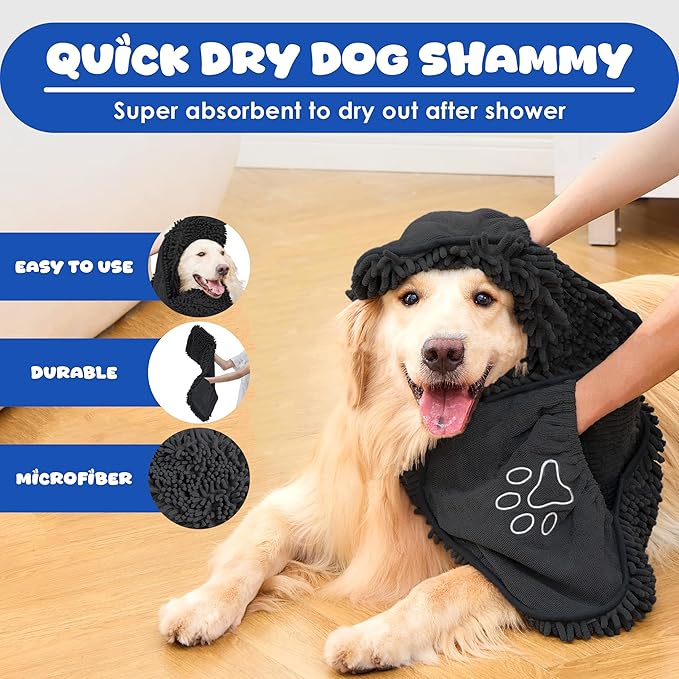 Dog Towel Microfiber – Super Absorbent Fast Dry Dog Towels for Drying Dogs, Soft Pet Bath Towel with Hand Pockets, Large & Small Dogs, Machine Washable (Black)