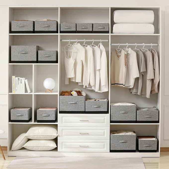 Linen Folding Storage Bins, 3 Pack Large Storage Baskets, Washable, Clothing Storage Bins with Handle, Closet Organizer for Storage Sweater,Sheets (gray black, 18½"x13½x8½)