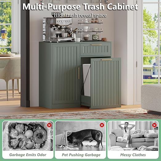 Single 13 Gallon Pull Out Trash Can Cabinet with Storage Cabinet,Green | Pet Proof Hidden Garbage Can Cabinet,3-Tier Shelves,Fluted Design,Extra Drawer Space,Kitchen & Dining Room Organization