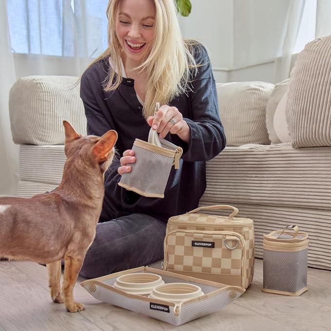 Small 7-Piece Bistro Box Dog Food Travel Kit, 6-Cup BPA-Free Kibble Storage, 2 Silicone Bowls, Mat & Scoop - Portable Pet Food Kit for Weekends, Overnights, Daycare & Camping, Checkerboard