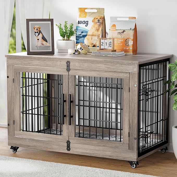 YaFiti Dog Crate Furniture, 38.5" Wooden Indoor Dog Kennel, Grey | Cushion, Wheels, Double Doors, for Large/Medium Dogs, Up to 70 lb, Furniture Style, Side End Table, Decorative Pet Cage House