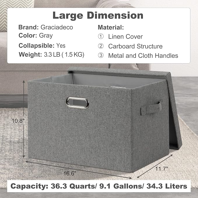 Graciadeco Large 17" 36 Quart Collapsible Stackable Storage Bins with Lids, 5 Packs Gray Foldable Fabric Closet Storage Boxes with Lids, Heavy-duty Linen Cube Baskets(17 x 12 x 11) | 36 Quart 5 Pack Gray1 Collapsible Stackable Linen Fabric 4 Handles Be...