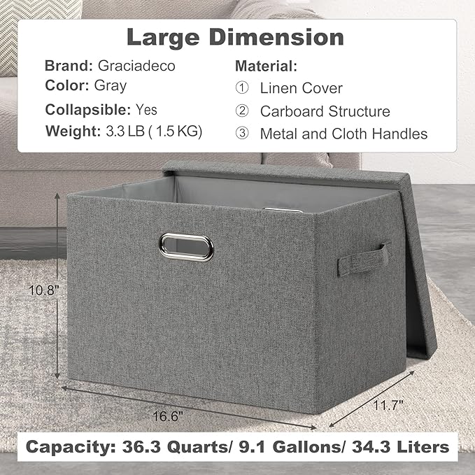 Graciadeco Large 17" 36 Quart Collapsible Stackable Storage Bins with Lids, 1 Pack Grey Foldable Fabric Closet Storage Boxes with Lids, 4 Handles Heavy-duty Linen Cube Baskets for Bedroom | 36 Quart 1 Pack Gray1 Collapsible Stackable Linen Fabric 4 Han...