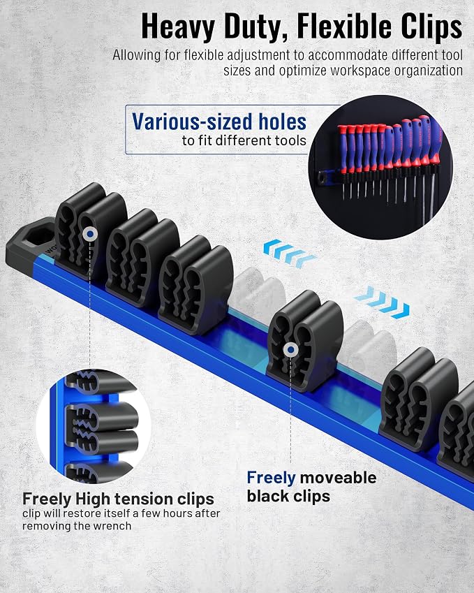 WORKPRO Magnetic Screwdriver and Wrench Organizer Set, 36-Slot Tool Holders | 3-Pack Aluminum Rails, Magnetic Force, Flexible High-Tension Tool Clips, For Tool Box Drawer & Wall-Mount Storage