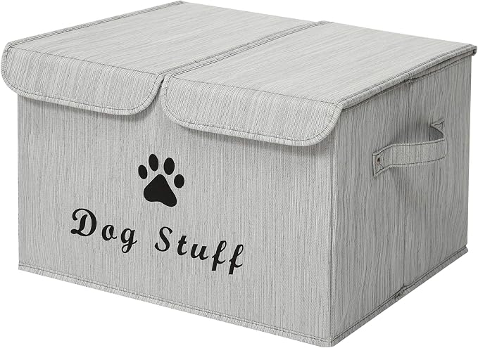 Large Storage Boxes - Large Linen Fabric Foldable Storage Cubes Bin Box Containers with Lid and Handles for Dog Apparel & Accessories, Dog Toys(BambooGray)