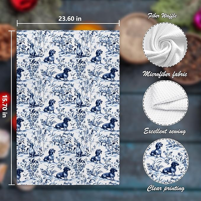 Chinoiserie Dachshund Kitchen Towels Set of 3, Blue and White Floral Botanical Dachshund Decorative Dish Tea Towels, Grandmillennial Weiner Dog Hand Towels for Kitchen Bathroom, 16x24 Inch