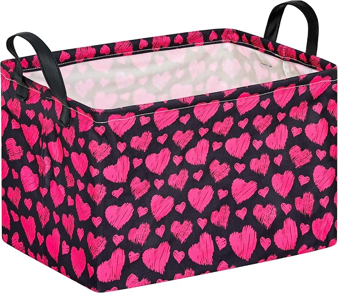 Kid Storage Basket Gift Shelf Basket Toy Storage Bin, Nursery Basket Organizer Box for With Handles for Room Deco Heart Pattern Valentine's Storage Basket