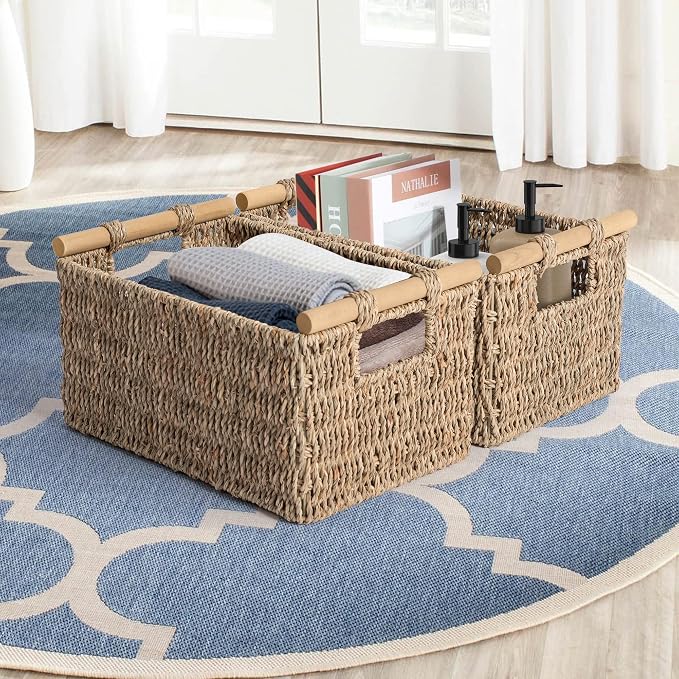 JS HANGER Seagrass Storage Baskets, Handwoven Wicker Shelf Baskets Bin for Organizing Decorative Wicker Baskets with Wooden Handles,12.6"L x 7.9"W x 7.1"H, 2-Pack