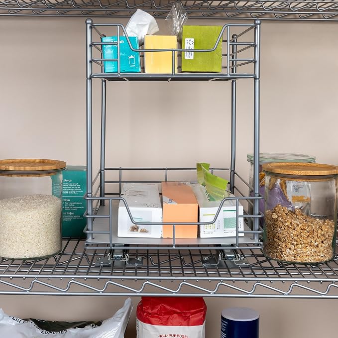 Household Essentials Brushed Steel Two-Tier Pull-Out Pantry Organizer