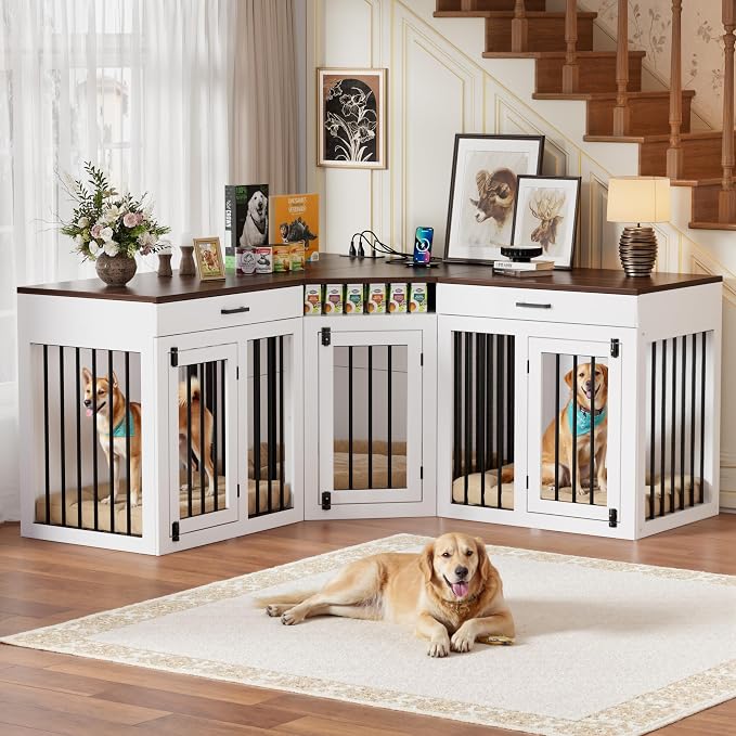 PAKASEPT 3 in 1 Extra Large Corner Dog Crate Furniture for 3 Dogs,Wooden Dog Crate Kennel with 2 Drawers,Divider,Power Outlet,Heavy Duty Double Dog Kennel TV Stand Indoor for Small,Medium,Large Dogs