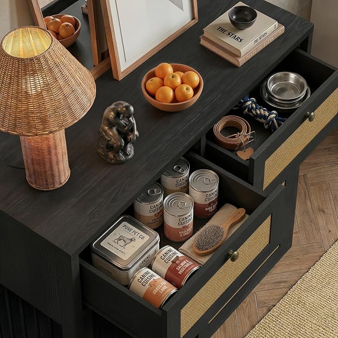 PureCozy Wooden Dog Crate Furniture, Left Unit, 40 Inch, Black Oak | Cane cabinet and metal sliding door with 2 storage drawers; furniture-style indoor kennel doubles as an end table.