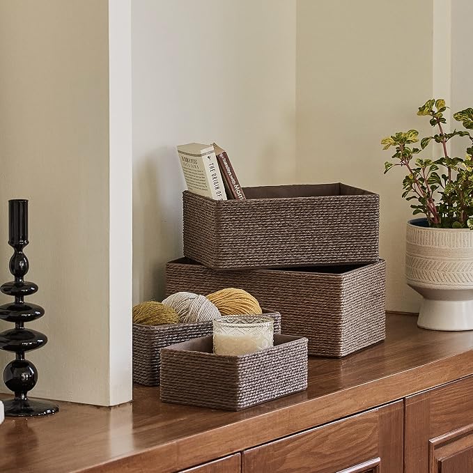 LA JOLIE MUSE Bathroom Basket Organizers, Paper Rope Storage, Brown 4 Pack