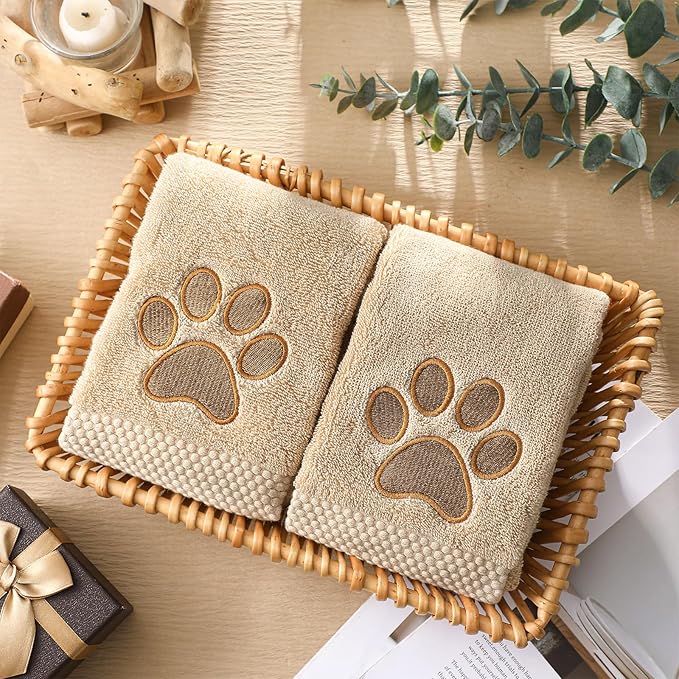 SmoothNovelty 2 Pcs Dog Paw Hand Towels Bathroom Decor 13 x 29 Inch 100% Cotton Embroidered Soft Hand Towels Absorbent Farmhouse for Kitchen Restroom (Brown)
