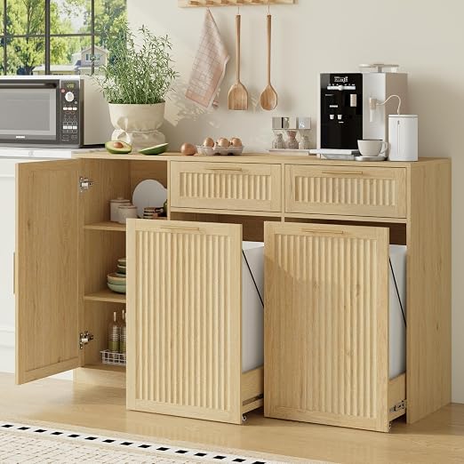 Double 13 Gallon Pull Out Trash Can Cabinet with Storage Cabinet,Natural | Pet Proof Hidden Garbage Can Cabinet,3-Tier Shelves,Fluted Design,Extra Drawer Space,Kitchen & Dining Room Organization