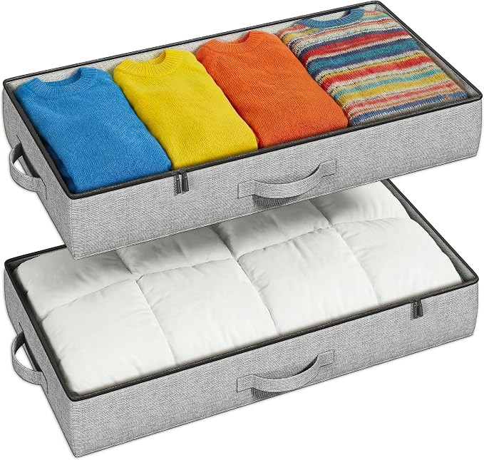 2-Pack Under Bed Storage Containers, 4.5 Inches Tall Clothes Storage, Grey | Low Profile Collapsible Underbed Organizer Bin with Sturdy Sidewalls/Bottom, Cotton-linen, For Seasonal Clothes & Bedding