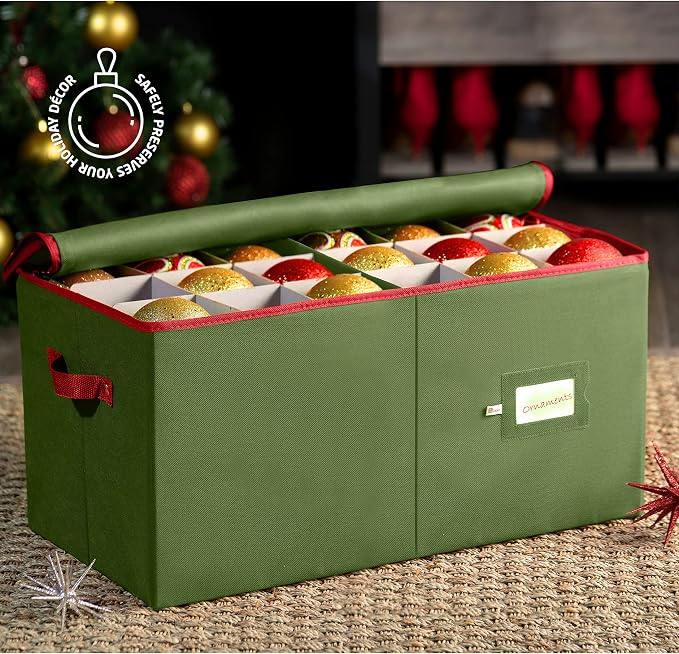ZOBER Large Christmas Ornament Storage Box - Stores 54 4" Large Ornaments, With Dividers - Ornament Organizer Storage Box, Durable Christmas Containers Holder, Dual Zipper - Green