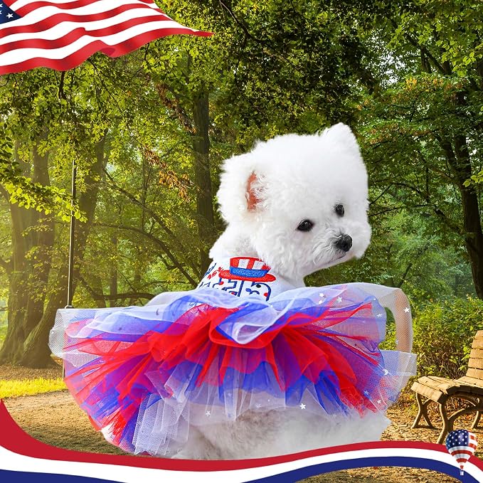 FLAdorepet4th of July Dog Dress with Hair Bow,Independence Day Dog Dresses Tulle Skirts for Small Dogs,Puppy Patriotic Clothes Pet Outfits Cats Apparel (4th of July, X-Large)