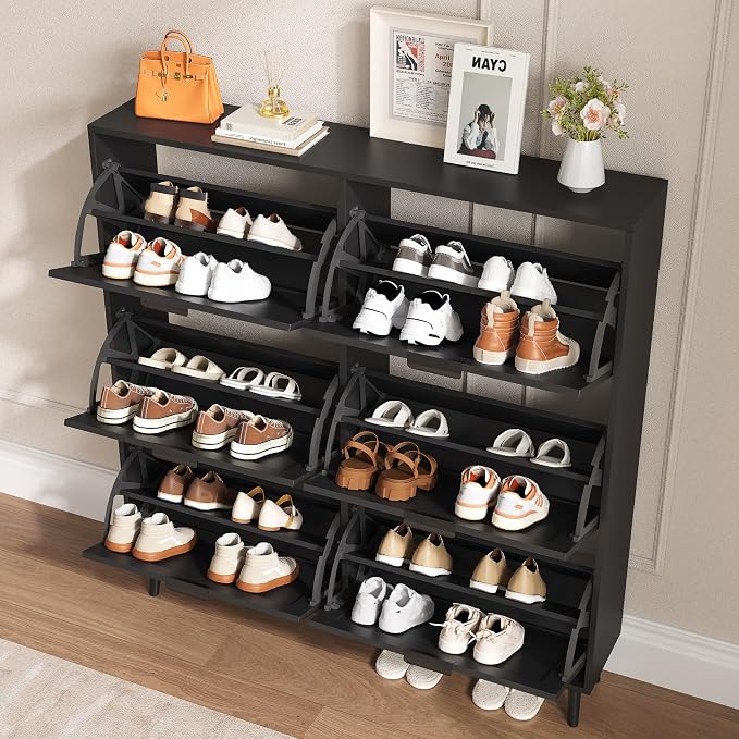 BORNOON Shoe Cabinet for Entryway with 6 Flip Drawers, Slim Wooden Shoe Storage Organizer with Modern Fluted Pannel，Freestanding Narrow Hidden Shoe Rack for Hallway, Foyer, Living Room