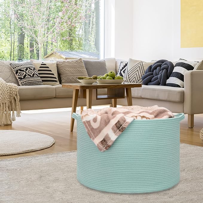Large Cotton Rope Blanket Basket, 87L Laundry Hamper, Light Green