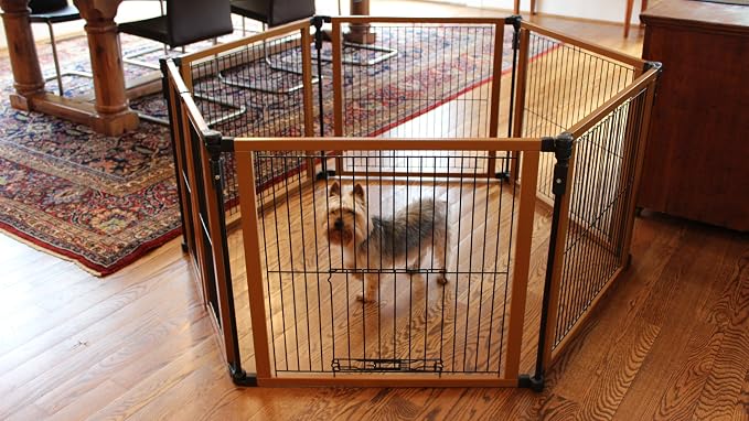 Cardinal Gates Indoor Pet Gate and Puppy Playpen, 6 Panels | Configurable indoor pet containment system with five fixed panels and one two-part latched panel.