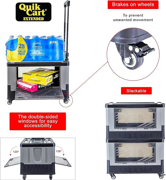 dbest Products Quik Cart Extended Collapsible Rolling Crate - Gray & Black | with Wheels, Dual Side Doors, Two-Position Handle, 360 Spinner Wheels, Foldable Utility Basket Cart with Seat, 80 lbs