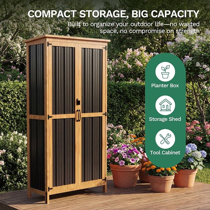 Devoko Metal & Wood Weatherproof Garden Storage Tall Shed with 3 Adjustable Shelves, Lockable Outdoor Patio Cabinet, Waterproof Yard Organizer for Lawn Gear and Garden Tools, Black