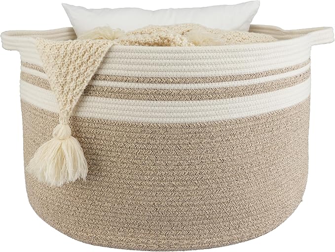 XUANGUO Extra Large Cotton Rope Round Storage Basket 22" x 14" | Woven basket for blankets, toys, towels, laundry, nursery, living room and pet toy storage.
