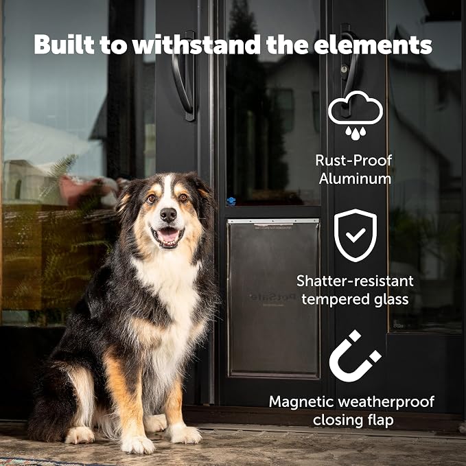 PetSafe Sliding Glass Pet Door, 1 Piece, Large Dogs to 100 lbs, Black | Adjustable Height 75 7/8 to 80 11/16 Inches, No-Cut DIY Install into Existing Track, Magnetic Flap, Durable Aluminum Frame