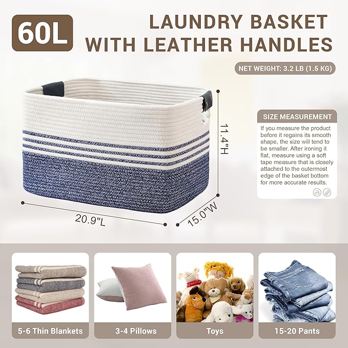 60L Woven Laundry Basket Hamper with Leather Handles,Denim Blue | collapsible wicker hamper, storage for dirty clothes, toys, blankets, gifts, living room, bedroom, bathroom, 21"x15"x11"
