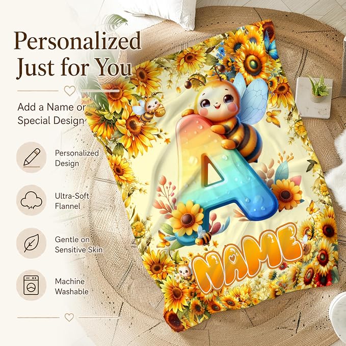 Girls Blanket with Initial Name, Custom Bees Kids Throws Living Room Decor | Personalized Kids Teens Blanket, Bed Decor, Fluffy Throws, Travel Camp Gift