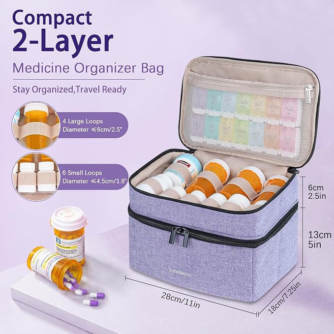 Lexeeco Dual Layers Medicine Pill Bottle Organizer Bag with Lockable Zipper | Portable Medication Bag for Pills,Vitamins,Fish Oil,Medicine Storage Box for College Dorm Student,Home,Large Travel Pill Case