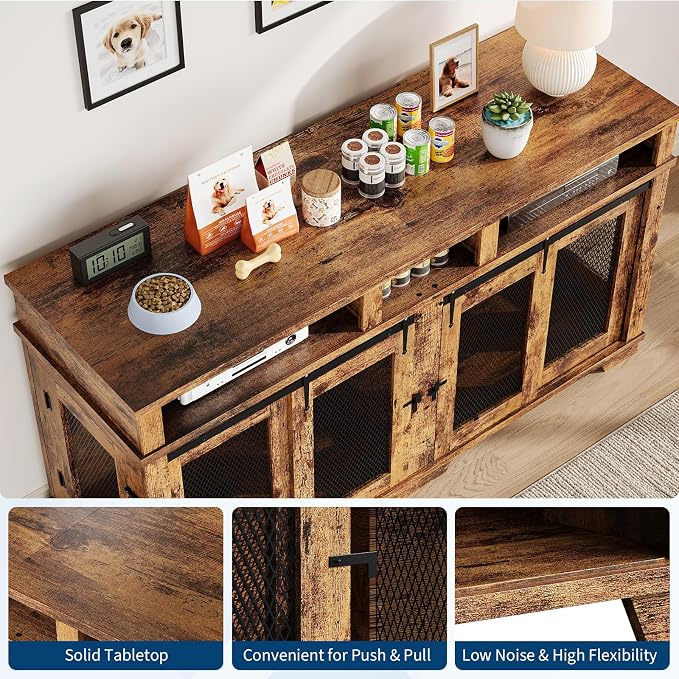 71'' Dog Crate Furniture for 2 Dogs, Extra Large Double Dog Kennel Indoor with Removable Divider and Storage Drawers, Wooden Dog Crate TV Stand for Large Medium Dogs