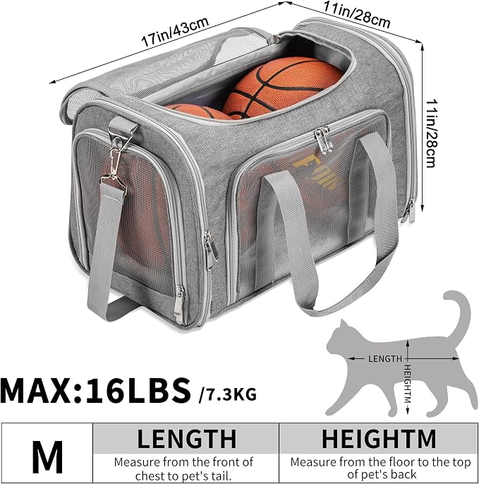 Soft-Sided Cat/Dog/Pet Carrier, Collapsible Pets Travel Carriers | for Big Cats/Small Dogs with Shoulder Strap & Removable Mat, Mesh Puppy Carry Bag, Up to 16 Lbs, TSA Airline Approved(Gray)