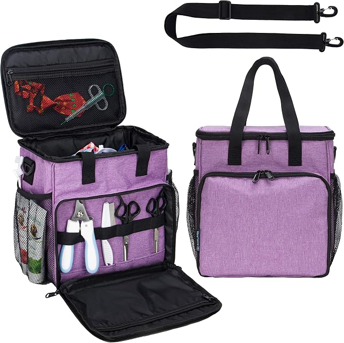 Pet Grooming Storage Bag, Organizer for Dog & Cat Supplies (Purple) | Roomy tote organizes cat and dog grooming tools. Tools not included. Multiple pockets.