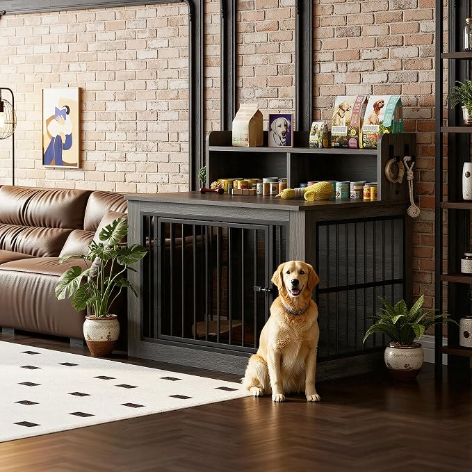 IRONCK 43.3" Extra Large Dog Crate Furniture with Storage Shelf | 10mm iron rods. Storage shelf and 4 hooks. 200 lb tabletop. 30"L x 43.3"W x 41.1"H indoor large crate