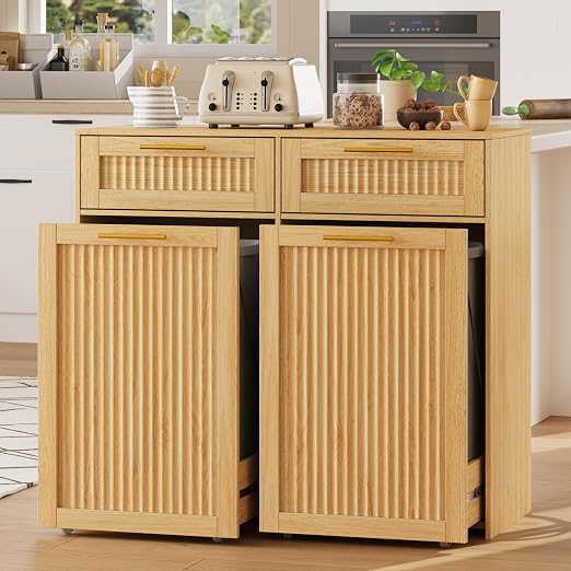 2 X 13 Gallon Pull Out Trash Can Cabinet, Double Trash Cabinet, Natural Oak | Fluted Kitchen Trash Cabinet with Drawers, Freestanding Hidden Garbage Pet Proof Trash Can Holder for Laundry, Living Room