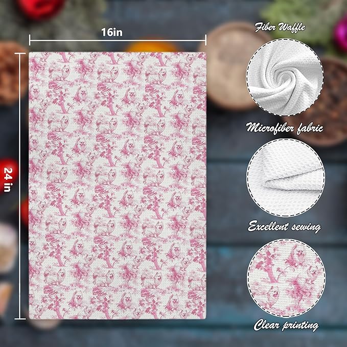 Pomeranian Dog Gifts for Pink Chinoiserie Floral Decor Kitchen Towels，Pink Pomeranian Dog Print Grandmillennial Decorative Dish Tea Towels for Kitchen Bathroom,16x24 Inch