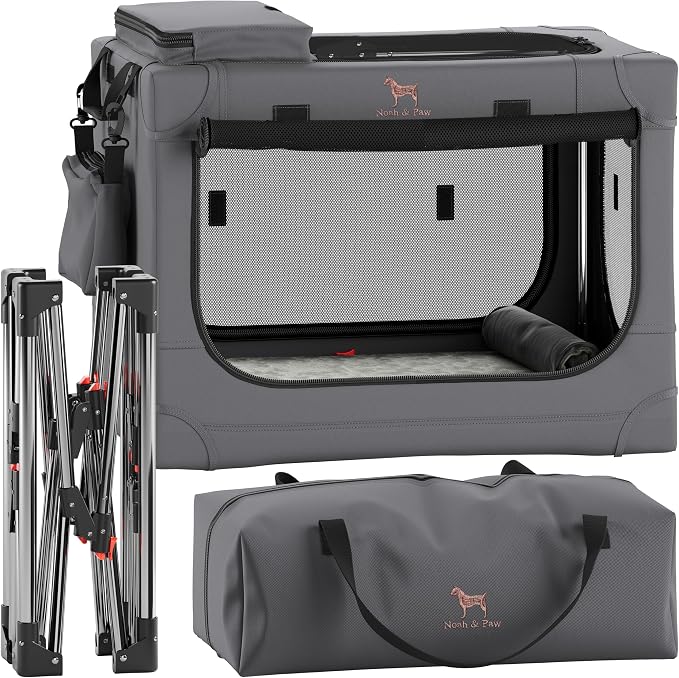 Noah & Paw Collapsible Dog Crate 26 Inch, Small Dog Crate for Small Medium Breeds, Travel Kennel for Car, Including Pet Mat for Pet Cage, 2 Storage Pockets, Handbag, 10mm Locking Zipper 26 * 17 * 17