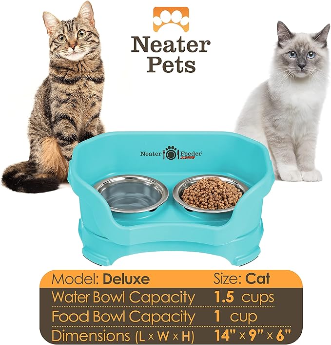 Neater Pet Brands Neater Feeder Deluxe Mess Proof Cat Bowls Elevated, Made in USA, No Spill Raised Bowls for Indoor Cats, Stainless Steel Food and Water Bowl Set, Pet Dish Feeding Station, Aquamarine