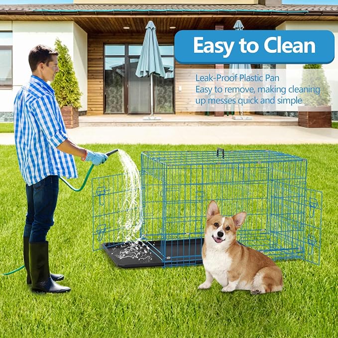 36 Inch Large Dog Crate, Heavy Duty Dog Crates for Large Dogs, Metal Wire Folding Dog Cage with Removable Trays, Locks, Double-Door, Divider Panel, Handle, Puppy Crate Pet Crate (36 in, Blue)