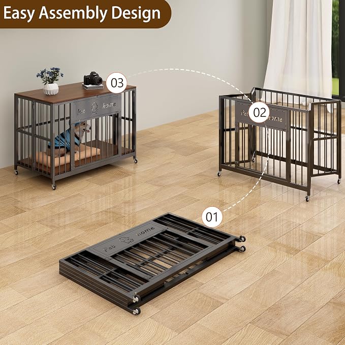 31.5" Foldable Dog Crate Furniture for Medium Dogs, Walnut | Wooden Construction, RGB Ceiling Lights, Silent Casters, End Table TV Stand