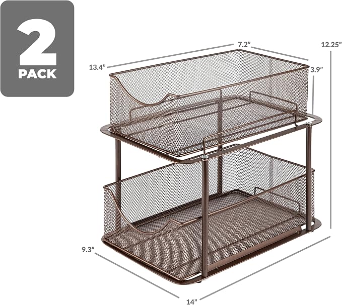 Sorbus Pull-Out Under Sink Organizer, Mesh Construction (Bronze, 2 Pack) | Two-tier metal organization with strong steel and sliding drawers for bathrooms, kitchens, cabinets, closets and pantries.