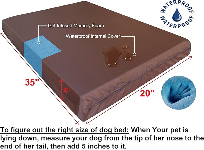 Dogbed4less Orthopedic Gel Cooling Memory Foam Dog Bed with Waterproof Liner and External Durable Denim Cover for Small to Medium Pet 35X20X4 Inches