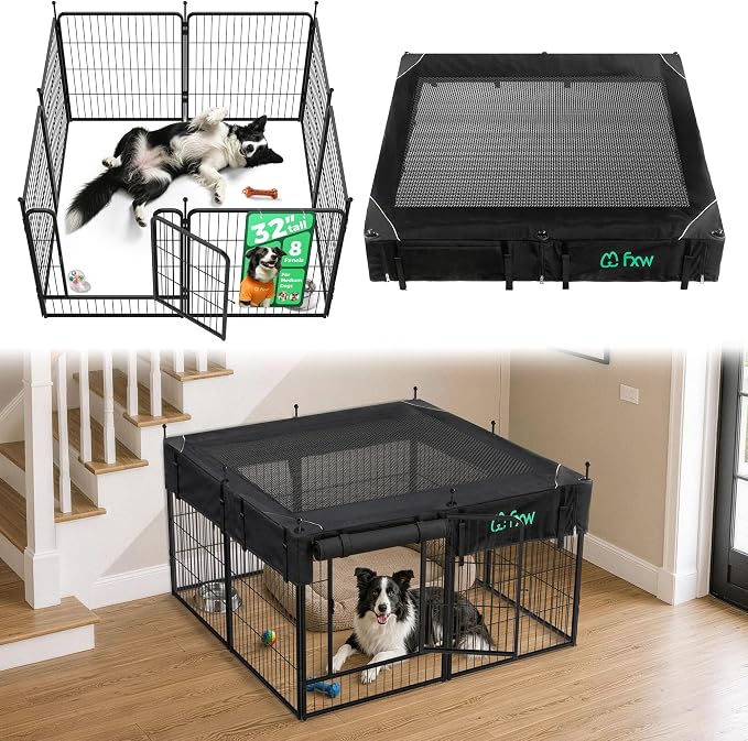 FXW Rollick Dog Playpen with Mesh Top Cover, 32"H, 8 Panels | Heavy-Duty & Easy setup Play Area, Helps Deter Jump-Outs, Indoor Use, For Small & Medium Dogs, Patented