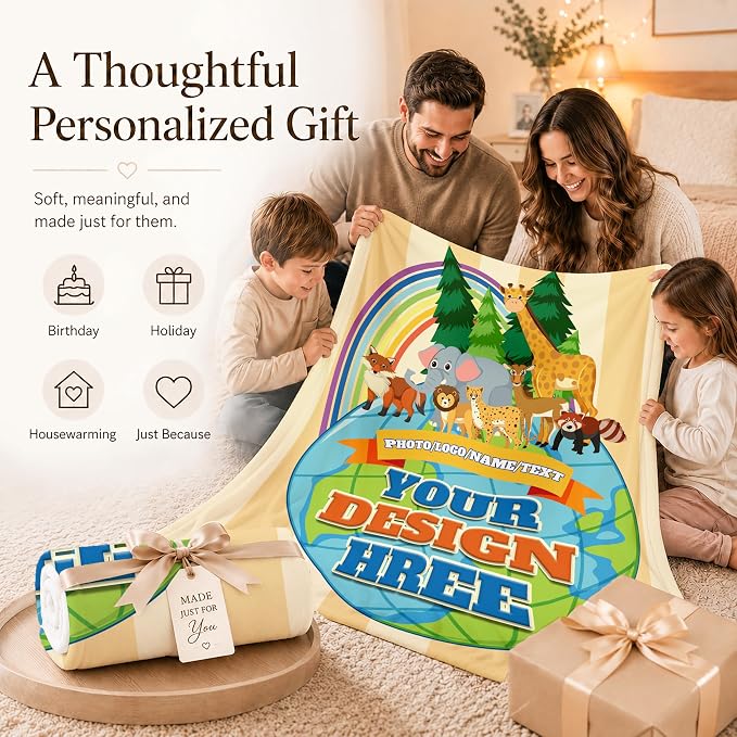 Custom Kid Flannel Blanket, Personalized Throw with Photo Logo Gift for Kid | Custom Name Blanket with Images Text, Lightweight Flannel, Cozy Kids Throw